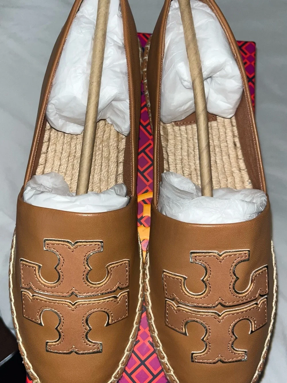 Tory Burch Tan Leather Logo Espadrille Flats